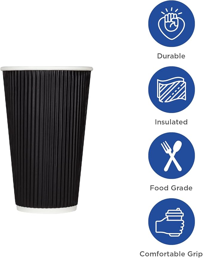 Karat 8 oz Ripple Insulated Coffee Cup [500 Count] Black Disposable Paper Hot Cup, Sturdy and Leak Proof, 80mm, No Lids