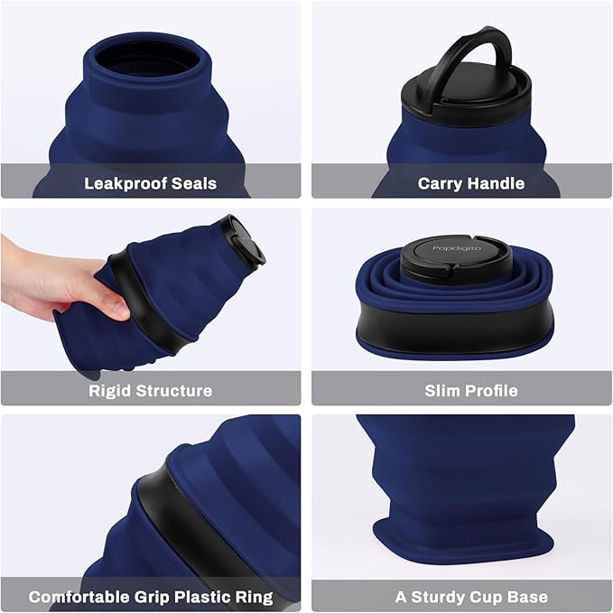 2pcs Collapsible Water Bottles,600ml Foldable Water Bottle BPA Free Reusable Lightweight LeakProof Silicone Bottle for Travel Hiking Camping Sports,Collapses to 1.5” with Anti-Collapse Ring