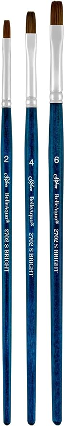 Silver Brush Limited BA-2754S BelleAqua Bright Brushes, 3pc Watercolor Brush Set Also for Acrylic, Gouache, Ink & Dye, Professional Soft Synthetic Red Sable Paintbrushes, Short Handle, Sizes 2, 4 & 6