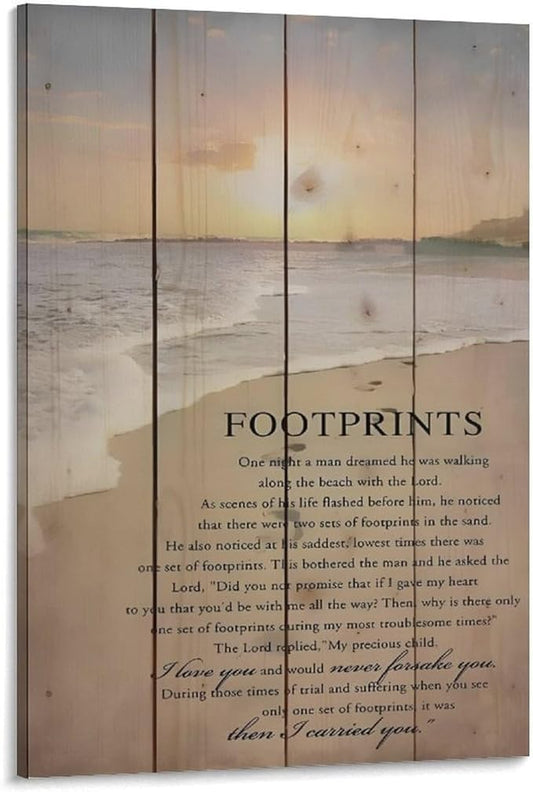 Footprints in the Sand Religious Canvas Wall Art Posters, Inspirational Beach Sunset Poem Print Poster (Framed 12x18inch, Footprints(1))