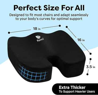 FOMI Extra Thick Firm Coccyx Orthopedic Memory Foam Seat Cushion | Black Large Cushion for Car or Truck Seat, Office Chair, Wheelchair | Back Pain Relief (Black)