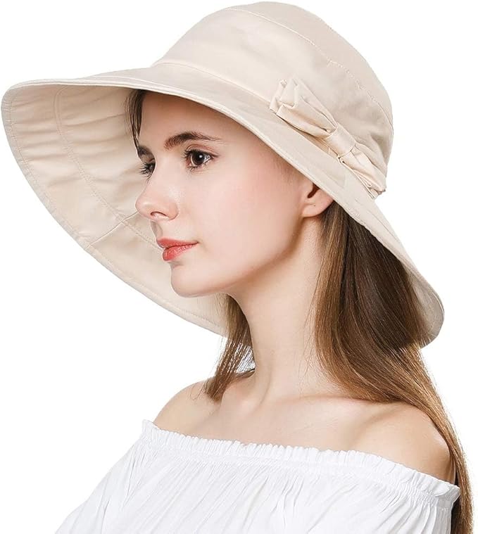 Comhats Packable Summer Cotton Sun Hat Bucket for Women UV Protection Wide Brim Beach Gardening Travel 54-64CM