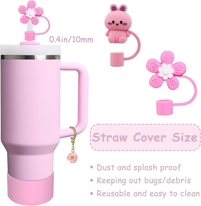Stanley Cup Accessories Set,Including 2 Pcs 0.4in Straw Cover, 1 Silicone Spill-Proof Stopper Set of 3, 1 Cute Flower Handle Charm, 1 Silicone Boot Fits Stanley 40&30 Oz Tumbler (Lavender Pink)