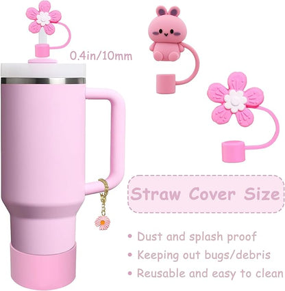 Stanley Cup Accessories Set,Including 2 Pcs 0.4in Straw Cover, 1 Silicone Spill-Proof Stopper Set of 3, 1 Cute Flower Handle Charm, 1 Silicone Boot Fits Stanley 40&30 Oz Tumbler (Lavender Pink)
