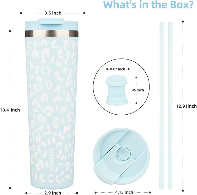 BJPKPK 34oz Tumbler With lid And Straw Stainless Steel Travel Coffee Mug Insulated Tumblers Cups,Light Blue Leopard