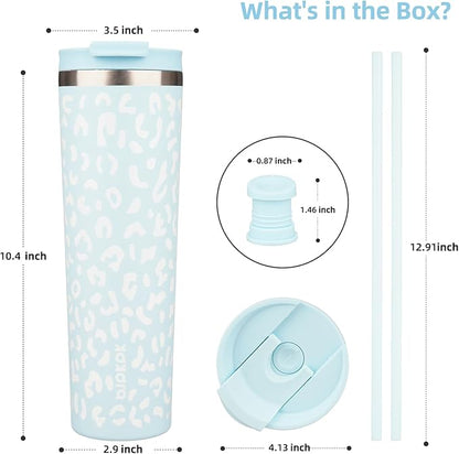 BJPKPK 34oz Tumbler With lid And Straw Stainless Steel Travel Coffee Mug Insulated Tumblers Cups,Light Blue Leopard
