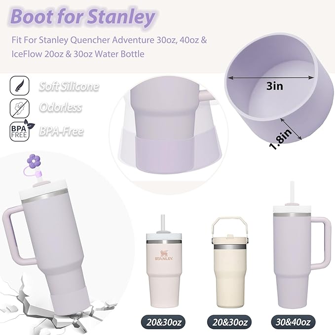 Stanley Cup Accessories Set Including 6 Pcs Silicone Spill Proof Stopper, 2 Pcs Straw Cover Cap for 9-10 mm Straws, 1 Pcs Purple Silicone Boot for Stanley Cup 40oz & 30oz Tumbler (ORCHID)