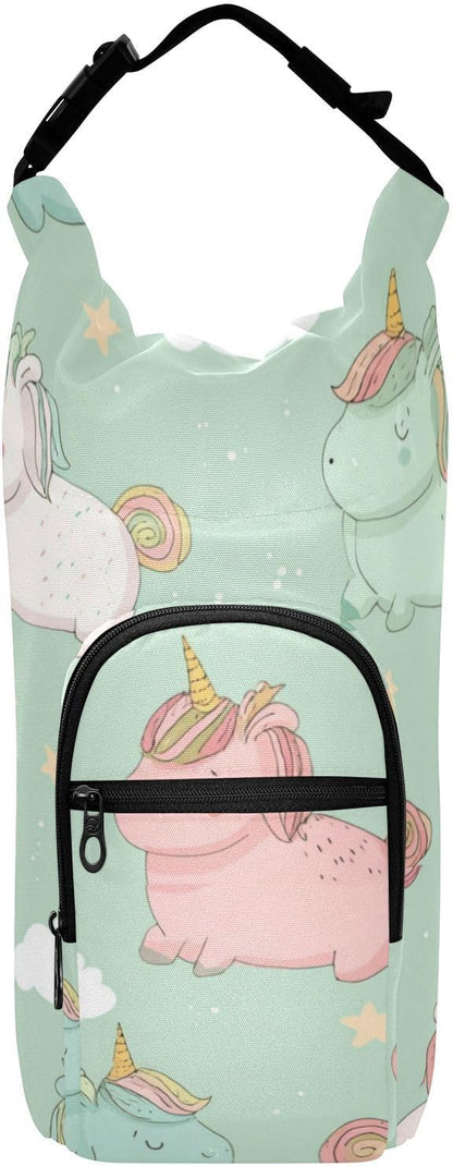 Cartoon Unicorn Pink Sage Green Water Bottle Holder with Strap Insulated Water Bottle Carrier Crossbody Bags Pouch with Phone Pocket for Travel Gym Hiking Walking Running