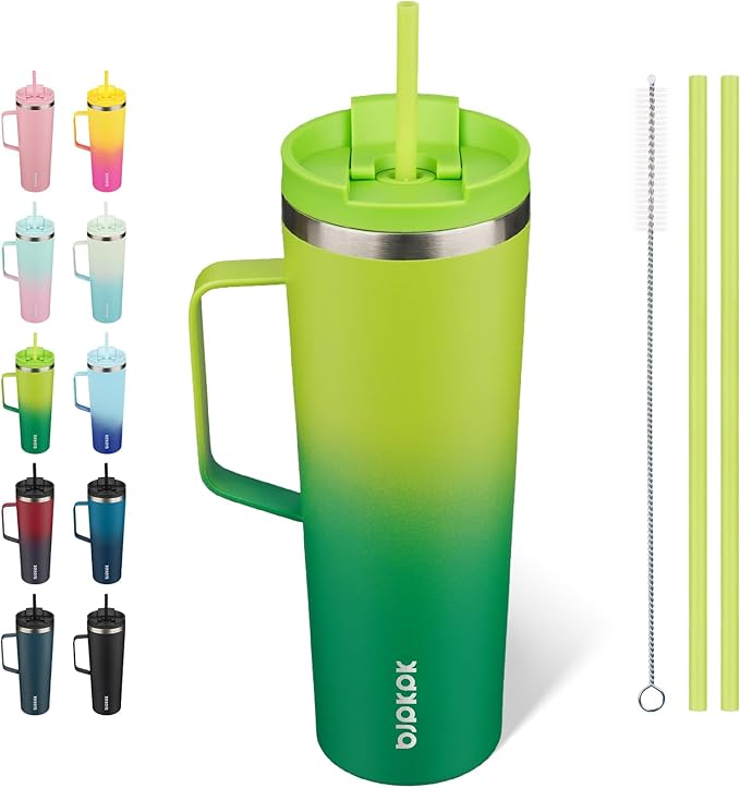 BJPKPK Insulated Tumbler with Handle, 30oz Insulated Tumblers with Lid and Straw, Stainless Steel Metal Water Bottles, Coffee Travel Mugs, Cups, Bamboo Grove