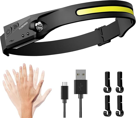 LED Headlamp, Rechargeable Flashlight for Adults, 230 Wide Beam Headlight, Motion Sensor Head Lamp, Adjustable Headband Outdoor Waterproof Head Light for Running