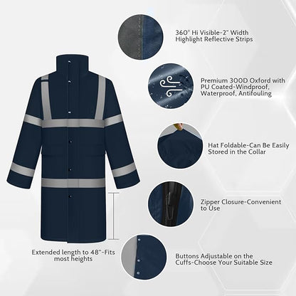 TCCFCCT Rain Suits Heavy Duty Rain Jackets with Hood, Waterproof, Hi Vis, Long Safety Coats for Women & Men, Navy Blue, XL