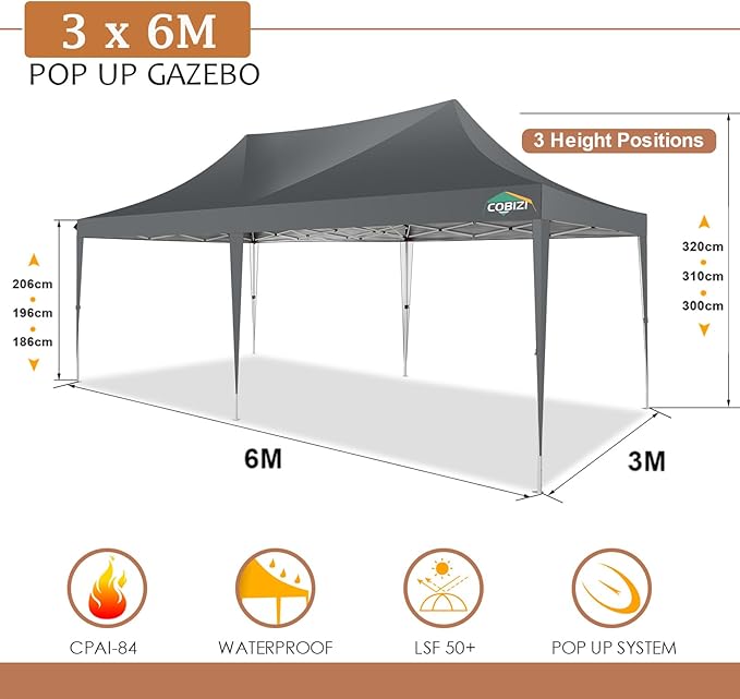 COBIZI 10x20 Pop Up Canopy Tent with Sidewalls,Party Tent Outdoor Gazebos, Waterproof & UV50+,3 Adjustable Heights,Higher Frame Design - Extra Tall for Parties Backyard,Weddings,Markets,Gray