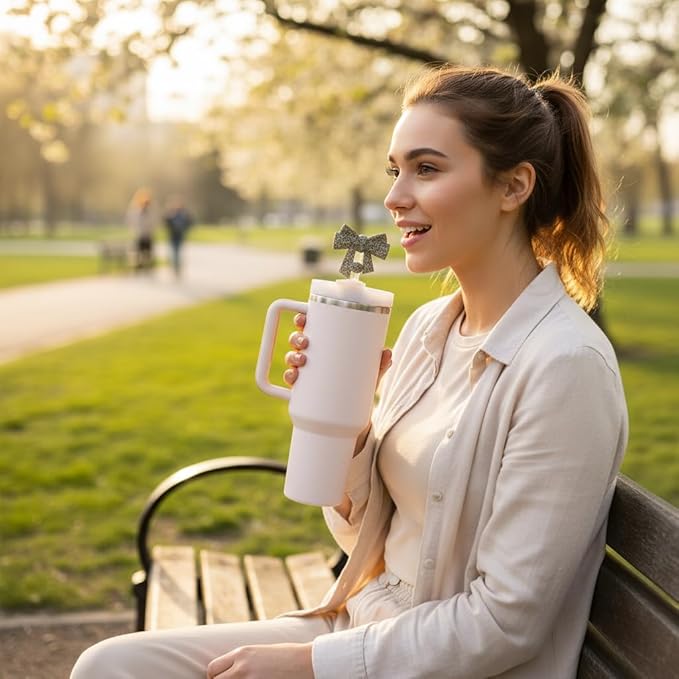 3 Pack Printed Bow Straw Toppers, Silicone 10mm/0.4In Reusable Dust-Proof Straw Cover Caps for Stanley Cup 30&40oz, Tumblers Accessories Gift (3 Colors B)