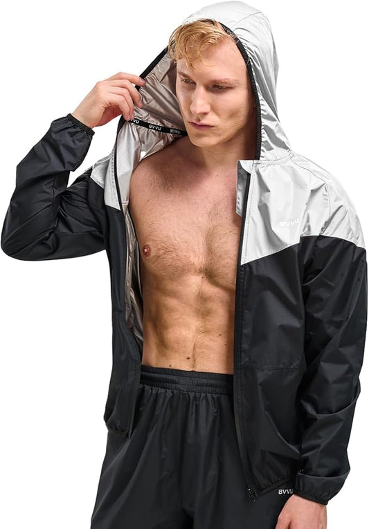 BVVU Sauna Suit for Men Zipper Sweat Suits with Hood Sauna Jacket Pants Gym Workout Full Body
