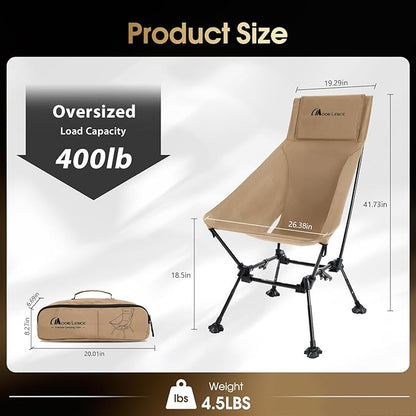 MOON LENCE Oversized Camping Chair for Adults, Height Adjustable High-Back Folding Camping Chair with 400 lbs Capacity, Hidden Pillow Pocket and Wide Seat for Camping, Hiking, Picnics, Khaki