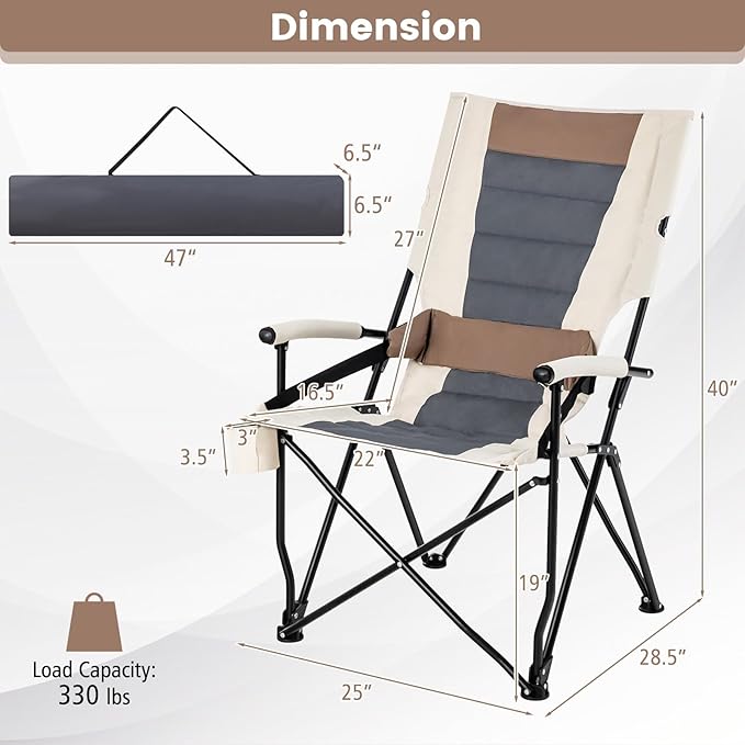 HAPPYGRILL Folding Camping Chair with Carrying Bag, Portable Lawn Chair with Cup Holder, 330 LBS Outdoor Chair for Outside Fishing Travel Swimming Picnic