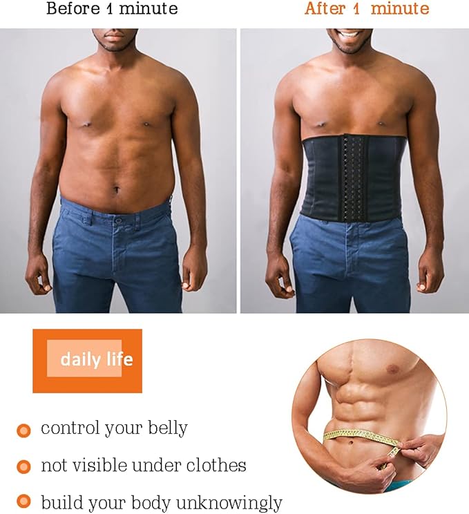 GainKee 100% Latex Men Waist Trainer Corsets With Steel Bone Sweat Belt Sauna Suit For Fitness Body Shaper