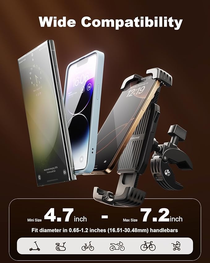 SUPERONE Bike Phone Holder, [1s Lock] Motorcycle Phone Mount, [Anti-Shake] Handlebar Cell Phone Clamp, Scooter Phone Clip for Handlebars with Diameters 0.65-1.2 in, Suitable for 4.7-7.2 in Phones