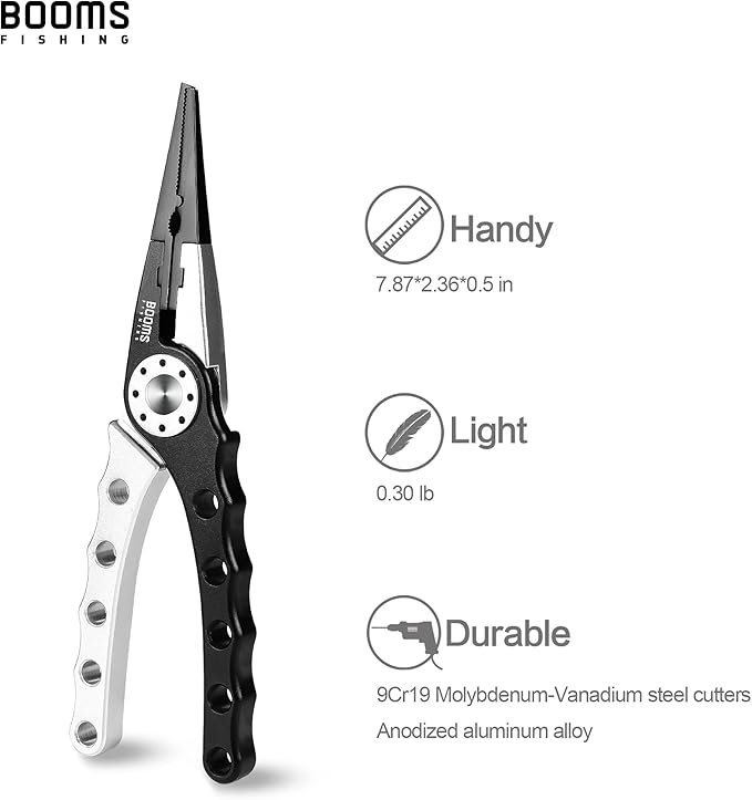 Booms Fishing X1 Aluminum Fishing Pliers Saltwater, Surf Fishing Tackle Kit, Fishing Multitool Hook Remover Braided Fishing Line Cutting and Split Ring with Coiled Lanyard and Sheath