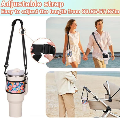 Water Bottle Carrier Holder with Shoulder Strap Water Bottle Handle Strap Sling for Stanley 30&40oz Tumblers with 2pc Straw Covers Toppers for Stanley Cup Holder (Black)