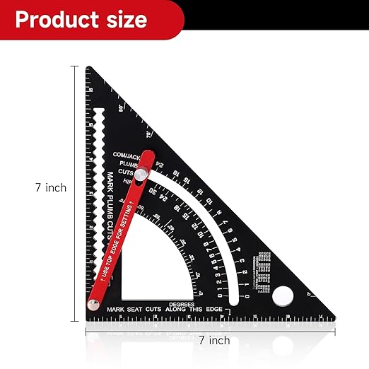 Carpenter Square 7 inch, Aluminum Adjustable Rafter Framing Square, Multifunction Woodworking Measuring Tools, Combination Square Angle Carpentry Triangle Ruler with 2 Pencils