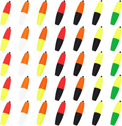 Bicolor Peg Floats, 1.5'' 2'' 2.5'' 3'' Cigar Fishing Cork Bobber Foam Floats with Pipe Plug for Catfish Santee Rigs 35 Pack