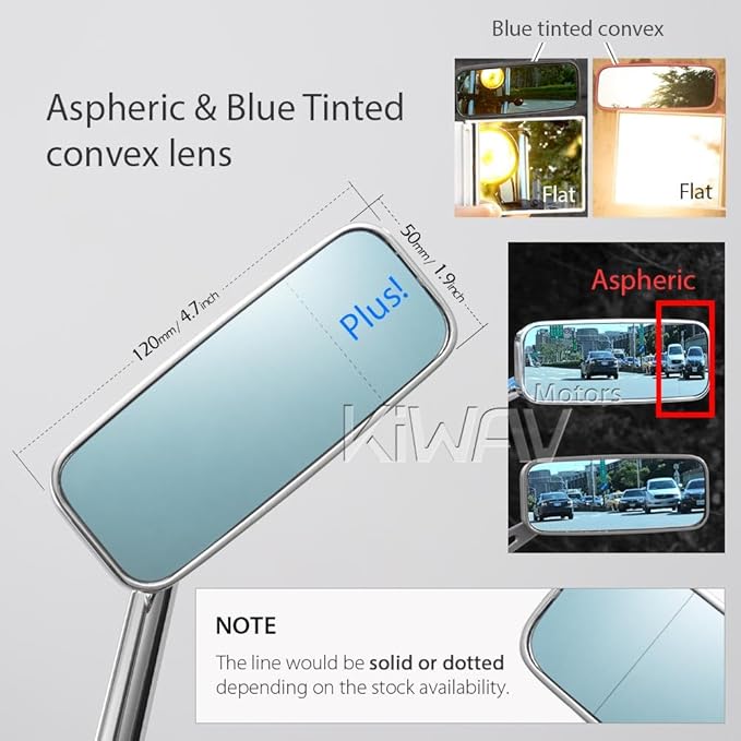 KiWAV Motorcycle Mirrors Rear View Side Rectangular ClassicPlus Chrome Convex Aspherical Anti-Glare Blue Tinted Glass Longer Stem 8mm 1.25 Pitch Adapters for E-bike Scooter ATV Moped Pack of Pair