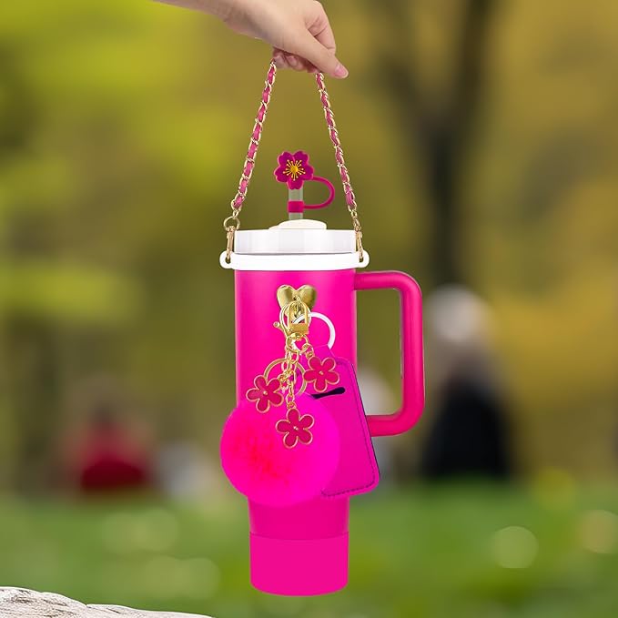 Velaco 11 PCS Accessories for Stanley Cup, Water Bottle Handle Strap for Stanley 30/40 oz tumbler with handle, including Straw Toppers, Silicone Cup Boot, Keychain Charms - ROSE
