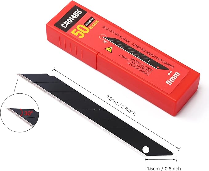 FOSHIO 100PCS 30 Degree Carbon Steel Snap Off Blades 9mm for Box Cutters Utility Knife Universal Art Knife Replacement Black Blades