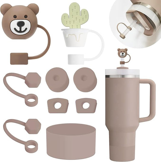 Stanley Cup Accessories Set Including 6 Pcs Silicone Spill Proof Stopper, 2 Pcs Straw Cover Cap for 9-10 mm Straws, 1 Pcs Silicone Boot for Stanley Cup 40oz & 30oz Tumbler (Almond Rose)
