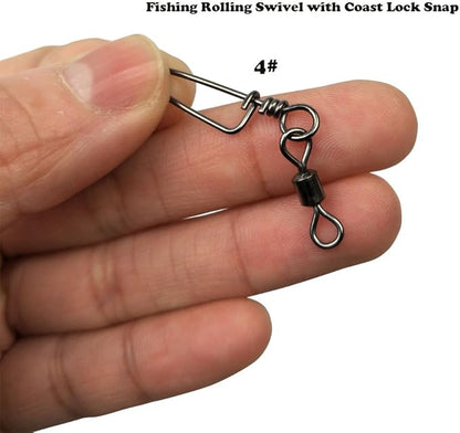 50pcs Fishing Rolling Barrel Swivels with Coast Lock Snap Black Nickel Fishing Swivel Snaps