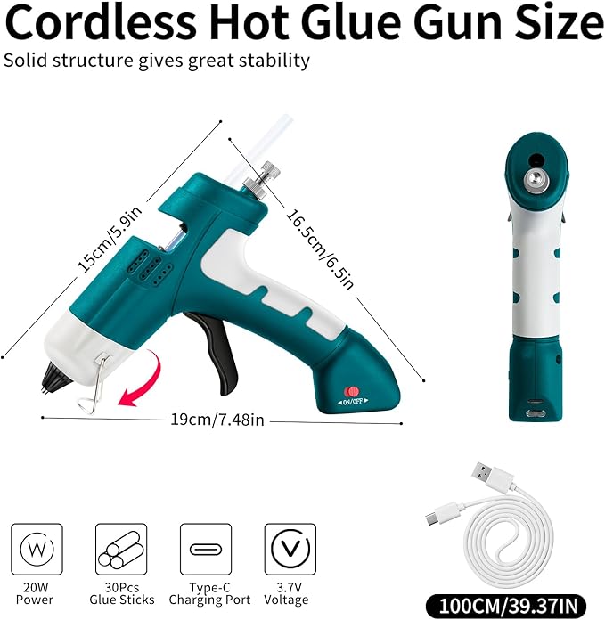 Cordless Hot Glue Gun,20W Hot Glue Gun with 30 Glue Sticks & 2600mAh Type-C Rechargeable,90S Fast Heating Cordless Mini Glue Gun for Crafts,School DIY,Arts,Home Repair