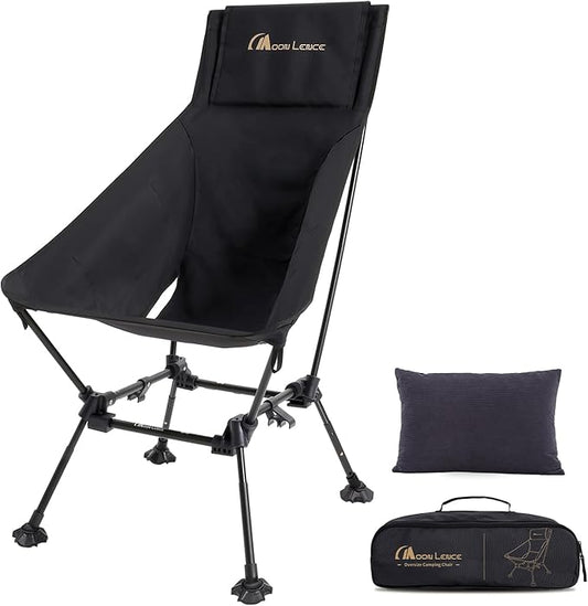 MOON LENCE Oversized Camping Chair with Pillow for Adults, Height Adjustable High-Back Folding Camping Chair with 400 lbs Capacity, Hidden Pillow Pocket for Camping, Hiking, Picnics, Black