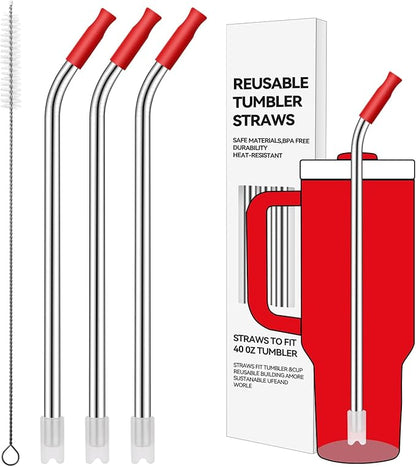 Reusable Stainless Steel Straws with Silicone Tip for Stanley 40oz, Metal Drinking Straws for 40oz Tumbler,3 Bent Tubes & 6 Tips& 1 Cleanr Brush (Chili)