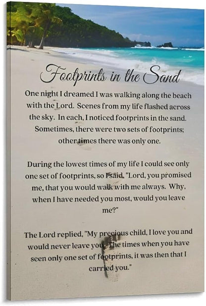 Footprints in the Sand Religious Canvas Wall Art Posters, Inspirational Beach Sunset Poem Print Poster (Framed 24x36inch, Footprints(4))