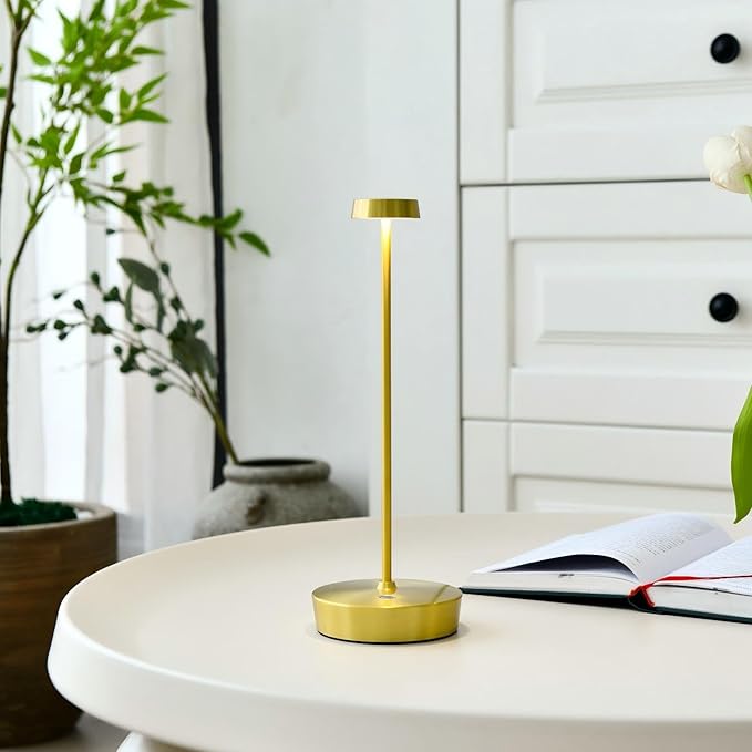 Cordless LED Table Lamp，Rechargeable Battery Desk Lamps, 3 Color Stepless Dimmable Metal Battery Table Lamps, Portable Waterproof Table Light for Indoor/Outdoor/Restaurant (Brass)
