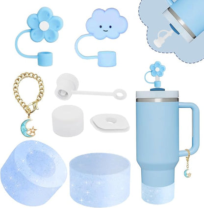 Stanley Cup Accessories Set,Including 2 Pcs 0.4in Straw Cover, 1 Silicone Spill-Proof Stopper Set of 3, 1 Cute Moon Handle Charm, 1 Silicone Boot Fits Stanley 40&30 Oz Tumbler (Blue 2.0)