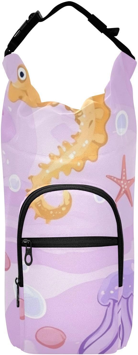 Purple Seahorse Jellyfish Starfish 01 Water Bottle Holder with Strap Insulated Water Bottle Carrier Crossbody Bags Pouch with Phone Pocket for Travel Gym Hiking Walking Running
