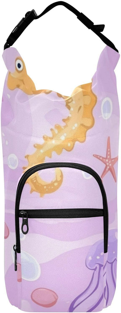 Purple Seahorse Jellyfish Starfish 01 Water Bottle Holder with Strap Insulated Water Bottle Carrier Crossbody Bags Pouch with Phone Pocket for Travel Gym Hiking Walking Running
