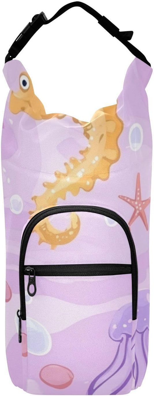 Purple Seahorse Jellyfish Starfish 01 Water Bottle Holder with Strap Insulated Water Bottle Carrier Crossbody Bags Pouch with Phone Pocket for Travel Gym Hiking Walking Running