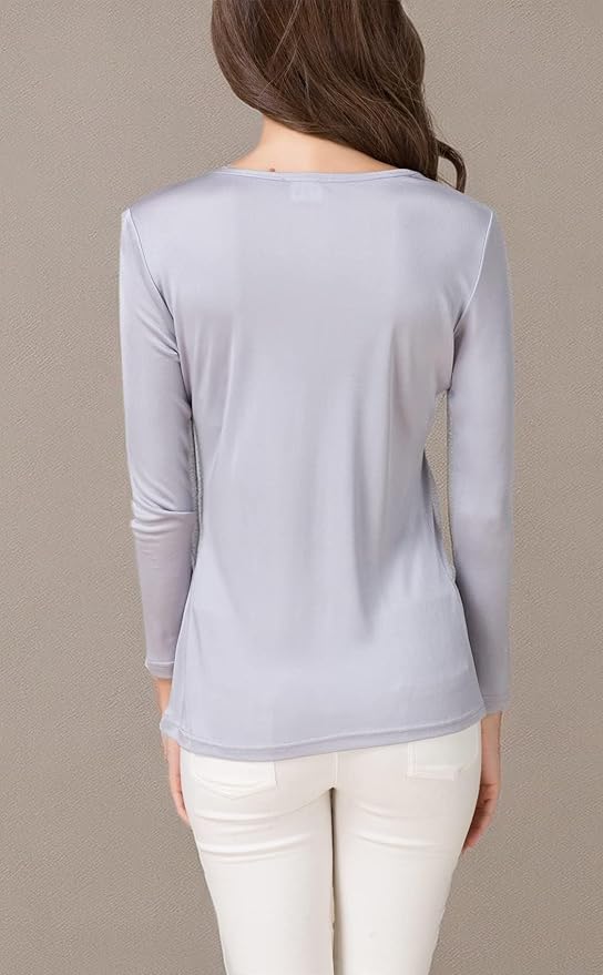 METWAY Women's Mulberry Silk T-Shirt Long Sleeve Pure Silk tee Shirt/Crew Neck Silk Blouse Undershirt