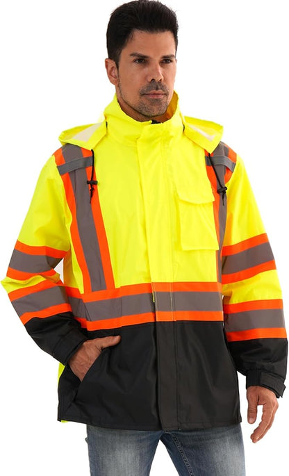 Reflective Rain jackets for men waterproof,Hi Vis Safety Coat With Reflective Strips，High Visibility Class 3 Rain jackets With 2 large pockets,Zipper,Lime,SM/MD