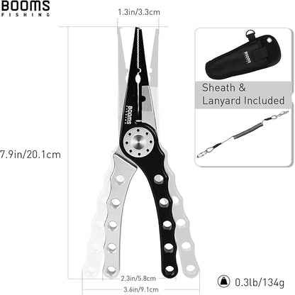 Booms Fishing X1 Aluminum Fishing Pliers Saltwater, Surf Fishing Tackle Kit, Fishing Multitool Hook Remover Braided Fishing Line Cutting and Split Ring with Coiled Lanyard and Sheath