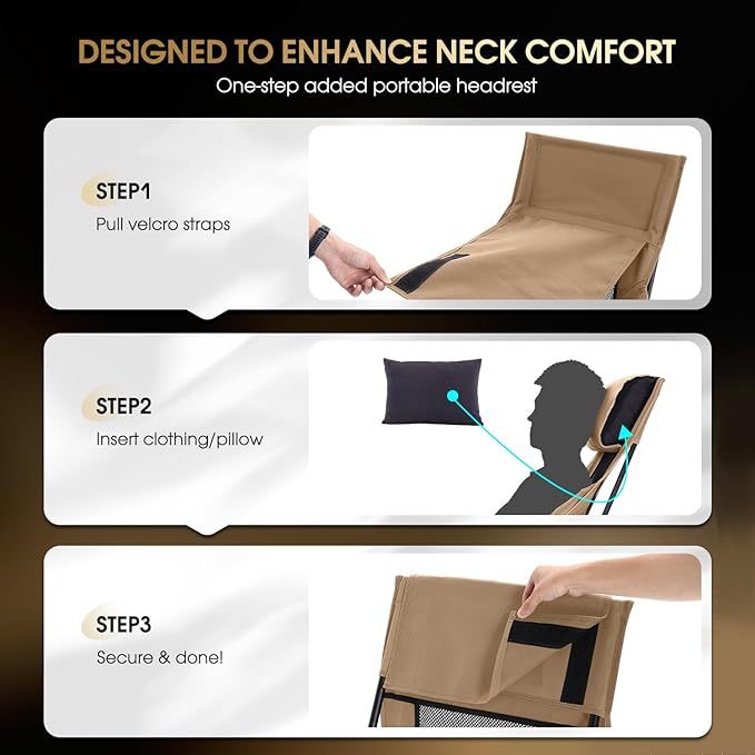 MOON LENCE Oversized Camping Chair for Adults, Height Adjustable High-Back Folding Camping Chair with 400 lbs Capacity, Hidden Pillow Pocket and Wide Seat for Camping, Hiking, Picnics, Khaki