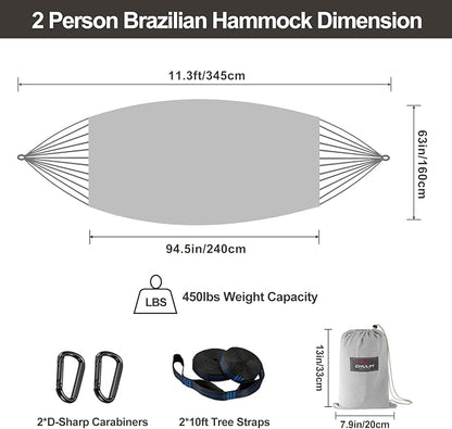 Brazilian Double Hammock with Tree Straps,Extra Large 94x63IN,2 Persons Hammock for Backyard Patio Outdoor and Indoor,450lbs Weight Capacity,Soft Woven Cotton Fabric - Light Grey