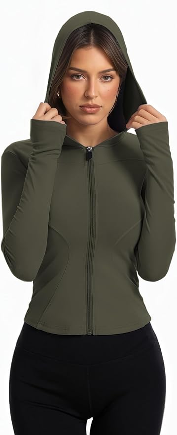 Women Bbl Jackets with Hood Compression Workout Tops Lined or Unlined Lightweight Yoga Gym Jacket with Thumb Hole
