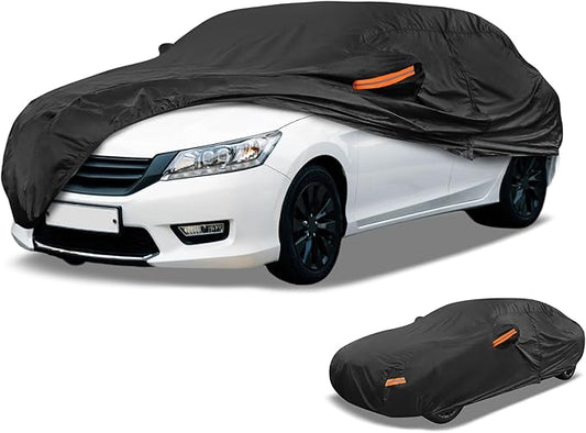 Universal Car Cover Waterproof All Weather 210D-PU, UV Sun Rain Protection, Fits for Sedan Length 187"-198", with Left Side Zipper, Black