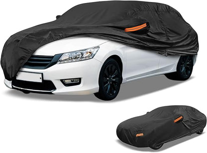 Universal Car Cover Waterproof All Weather 210D-PU, UV Sun Rain Protection, Fits for Sedan Length 199"-208", with Left Side Zipper, Black