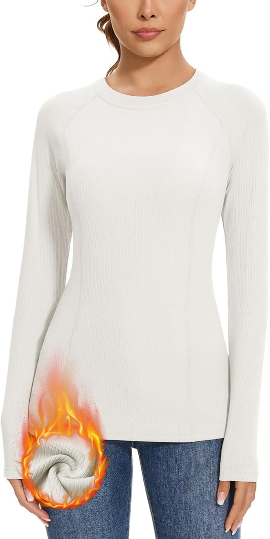WOWENY Thermal Shirts for Women Ribbed Crewneck Base Layer Soft Fleece Long Sleeve Top Thermal Underwear Winter