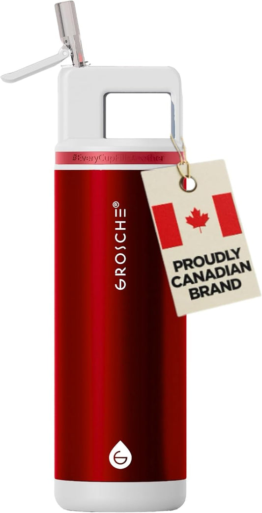 GROSCHE Alpine Shimmer Flip 'N Sip 20oz Insulated Water Bottle - Stainless Steel, Leakproof Flask with Straw, Perfect for Gym, Travel & Outdoor Use, Canadian Brand! - 20 fl. oz, Ruby Red